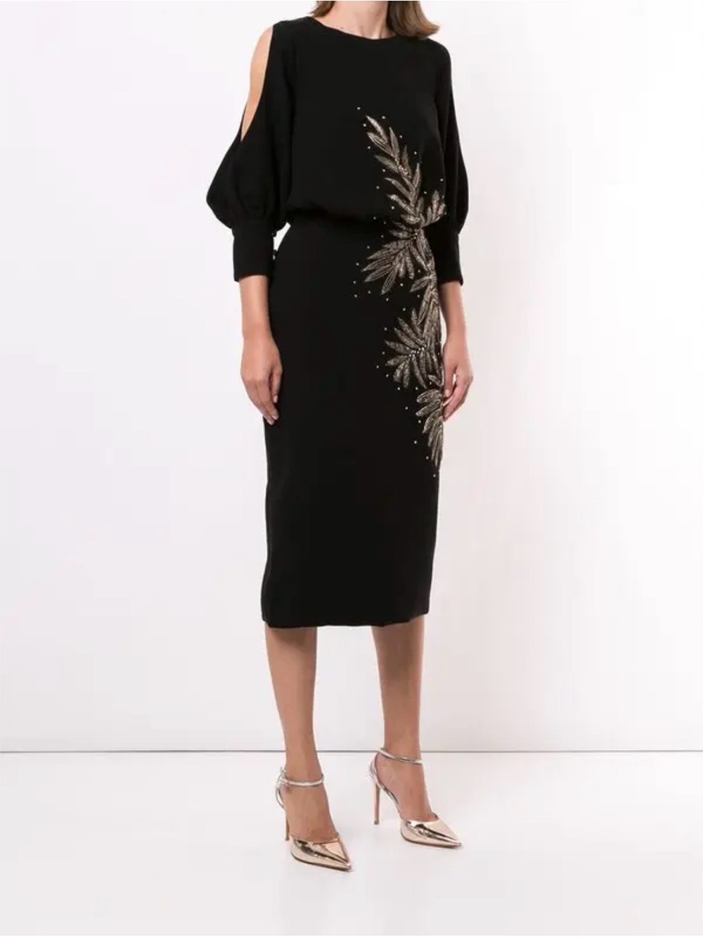 Black Midi Dress with Gold Leaf Embellishment